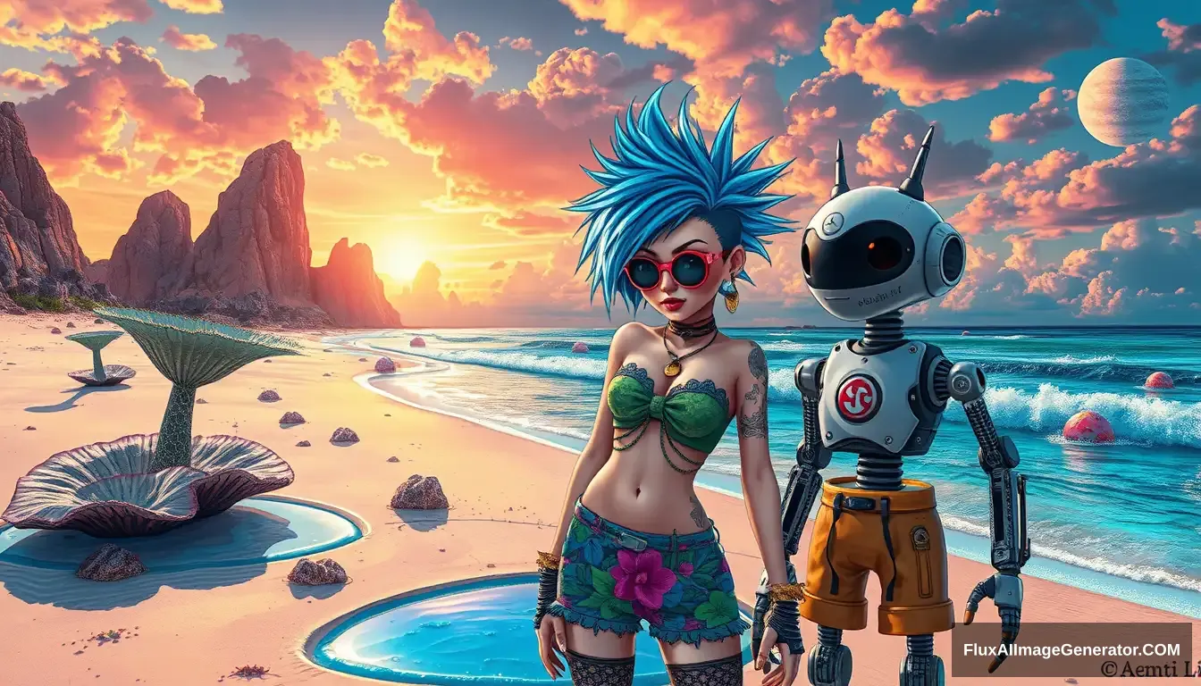 Photo: A scene features a punk girl with electric blue spiky hair rendered in the intricate style of Enki Bilal, beside a charming retro-futuristic robot in Hawaiian shorts, on a surreal alien beach adorned with iridescent fungi and shimmering lakes, all beneath a vibrant, dreamlike sky. - Image