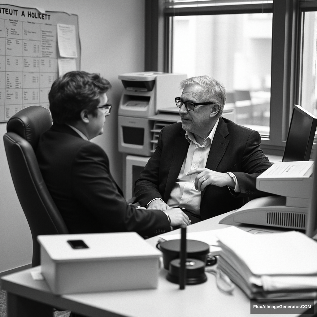 black and white picture  
They're chatting at work.  
a chair under a desk  
wearing his glasses  
copy machine  