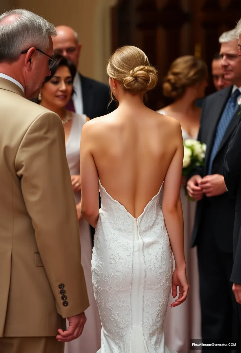 A petite young woman, sensitive, delicate, girly, backless strapless side-less low-waisted thigh-cut contouring wedding dress. Fawning obediently mingling with fathers. Expectations. Perfect posture. Pale skin. - Image