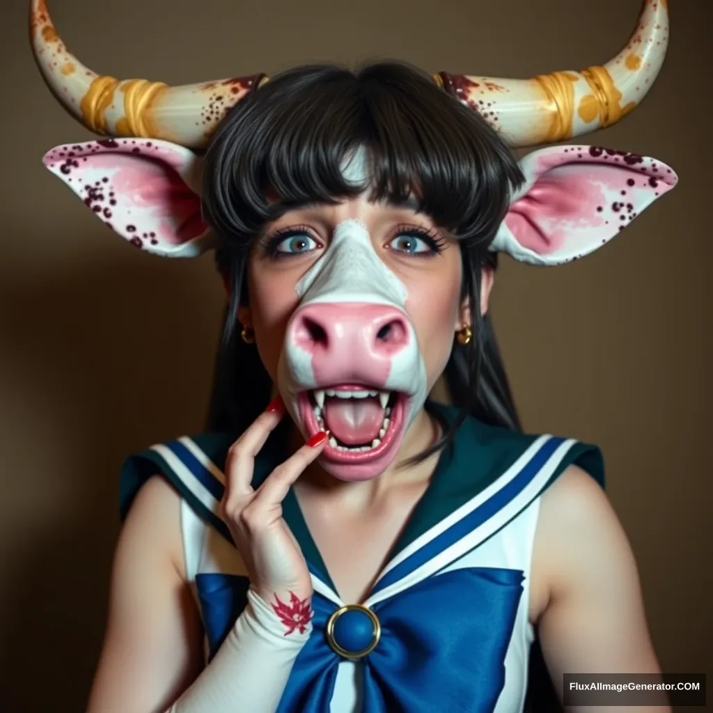 A photograph of a real-life Sailor Moon excellently captures her panicking and freaking out as she is transformed into a highly obscene and perverse bovine hybrid.