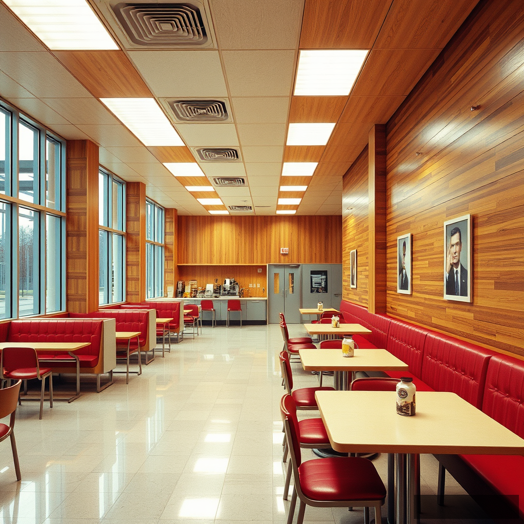 interior, company cafeteria, modern, wood panel, movie scene, colorful, 90s - Image