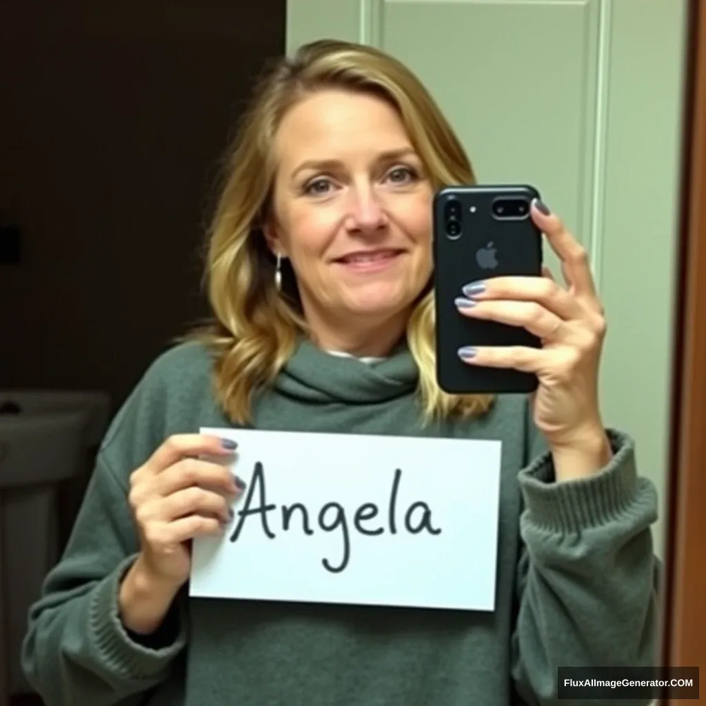 A mirror selfie of a 39-year-old white woman holding a sign with her name “Angela” and holding an iPhone.