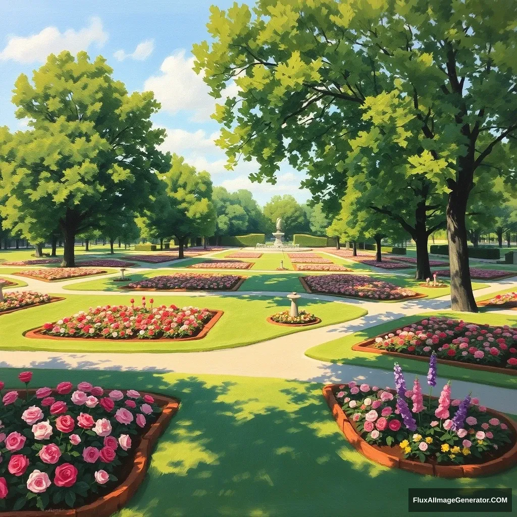 Impressionist painting of a park in Europe with rose patches, many paths, and flowers nicely arranged. Trees casting shadows on the pathways.