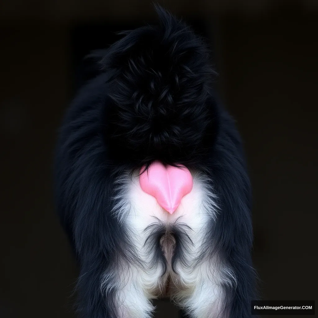 Feral furry dog from behind, doggy style, lifts tail to show vagina, fluffy black fur, pink vagina in heat.