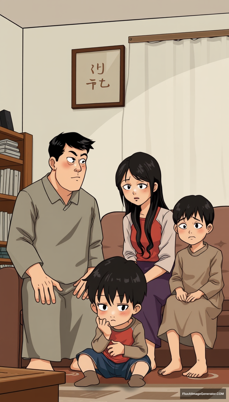 East Asian family, family members with repressed expressions, living room setting, parents scolding child, child looking down silently, tense family atmosphere. no comic. - Image