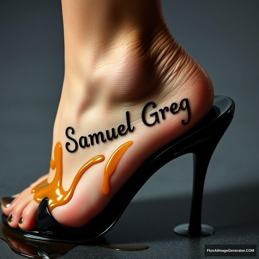 The name "Samuel Greg" on a woman's foot in a black high heel. There is oil all over the foot. - Image