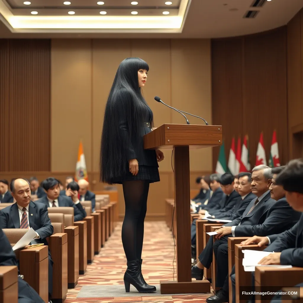 A full-body photo of a Chinese female idol with excessively long black straight hair and bangs, wearing black stockings and Martin boots on the lower half, and an outfit that is half burned on the upper half, giving a speech at the podium in a conference room, with politicians from various countries seated in the audience. - Image