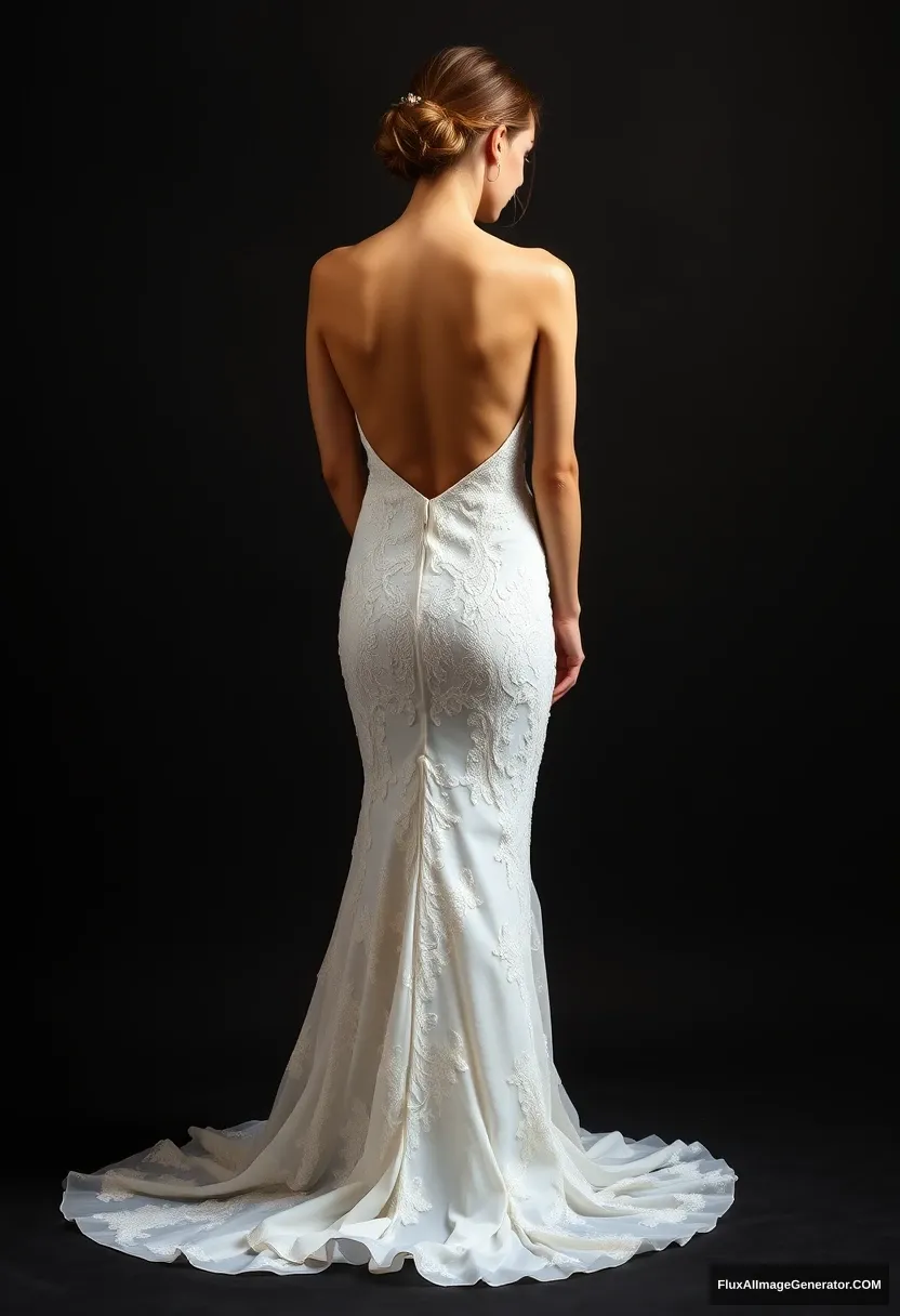 a short young woman, sensitive, delicate, ashamed, backless strapless side-less low-waisted open-back contouring wedding dress that seems like it's spilling, in front of patriarchy, expectations. - Image