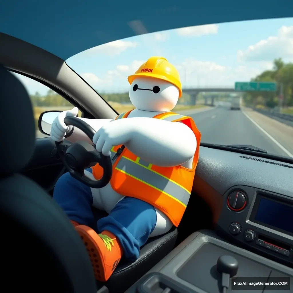 /imagine a realistic image like from a movie. Baymax driving a car on the highway. He's wearing blue cargo pants, a fluorescent orange and yellow safety vest, safety shoes, and a yellow helmet with the word POPÓN.