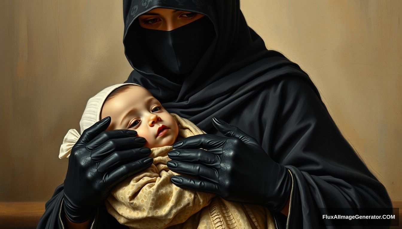 A pious woman is holding a baby boy. Wearing black gloves and a niqab, Maryam is a very devout woman dressed in a black sarong with her neck covered by a perfect hijab. Realistic, full body, oil painting, old.