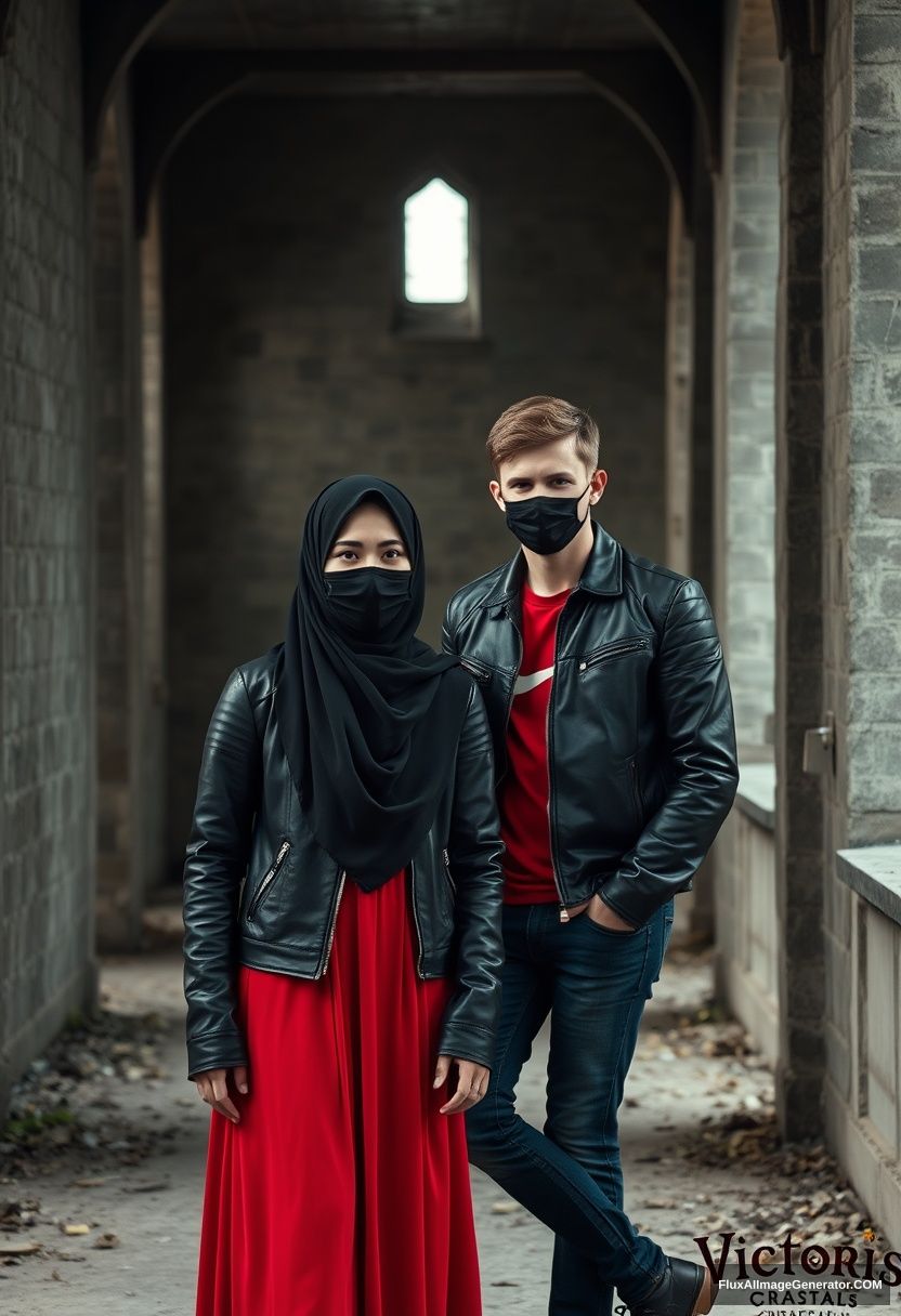 A biggest black hijab girl, beautiful eyes, face mask black, black leather jacket, biggest red longest dress, untall,

Jamie Dornan, handsome, face mask black, fit and tough body, Nike red t-shirt, black leather jacket, jeans, tall man, lean at wall together

Hyper realistic, photorealistic, studio photography, Victoria's abandoned castle, gloomy. - Image