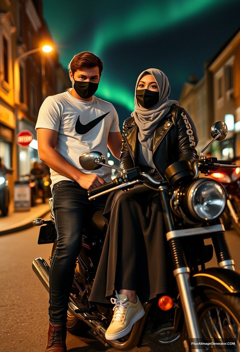 Jamie Dornan, tall, young, black face mask, white Nike t-shirt, jeans,

dating romantically with a grey hijab-wearing Muslim girl, beautiful eyes, black face mask, leather jacket, very long and large skirt, not a tall girl,

sitting for a photo on a motorcycle, Harley Davidson model, in town, photorealistic, street photography, night scenery, aurora borealis. - Image