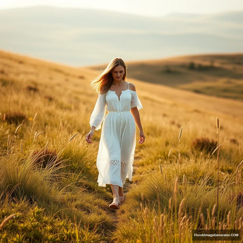 A beautiful woman walks on the grassland. - Image