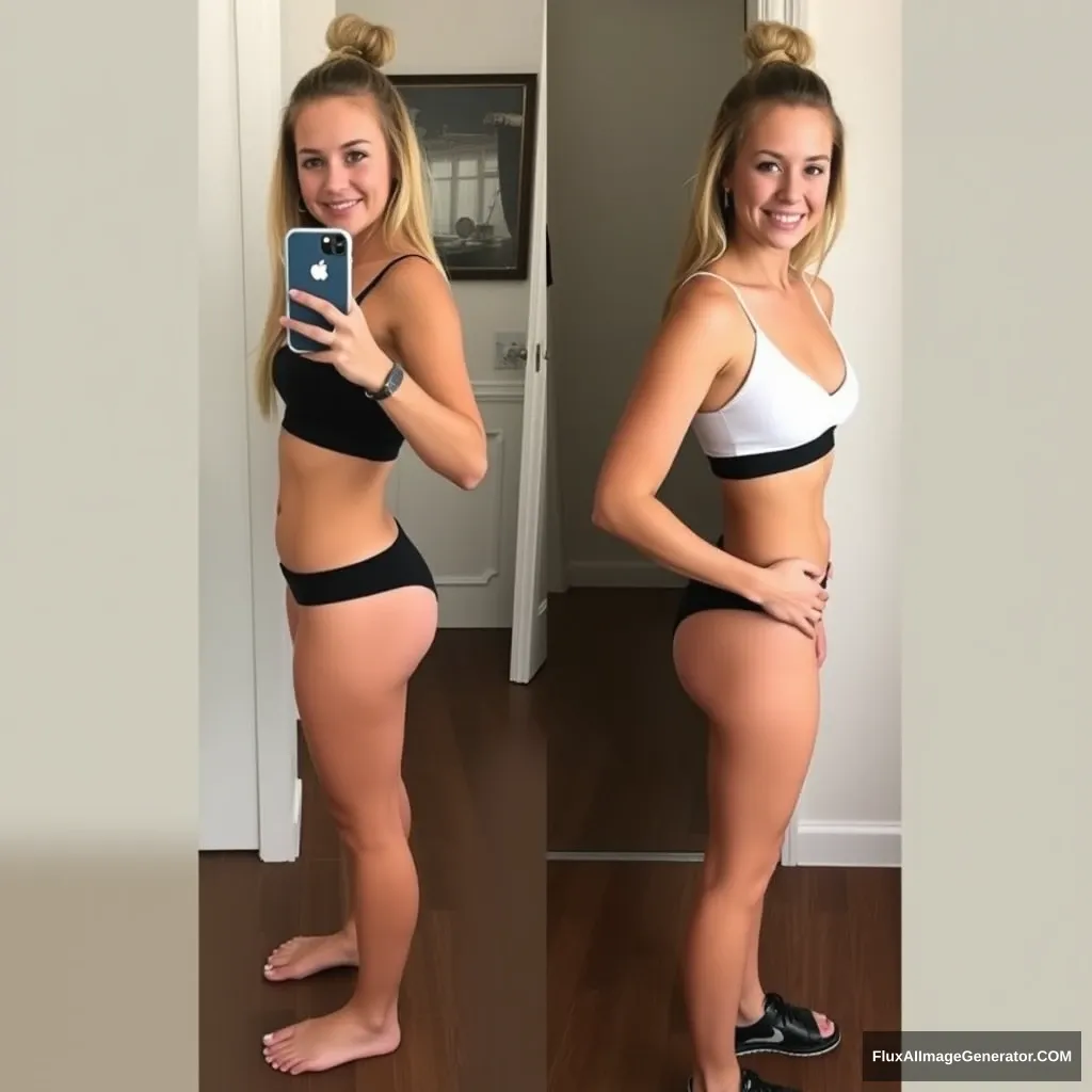 Fitness model influencer Emma's before-and-after photos. Her waist is half the width of her hips.