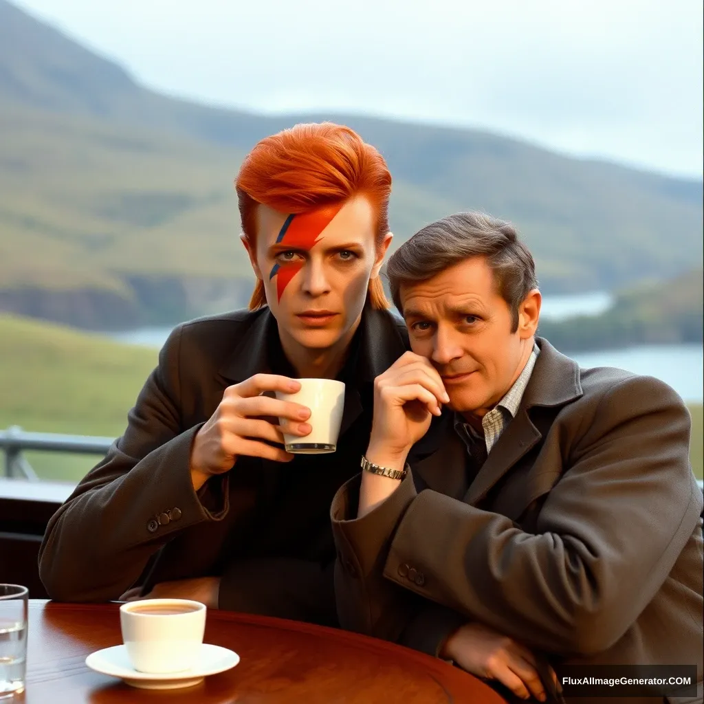 David Bowie drinking coffee in Scotland with Sean Connery.