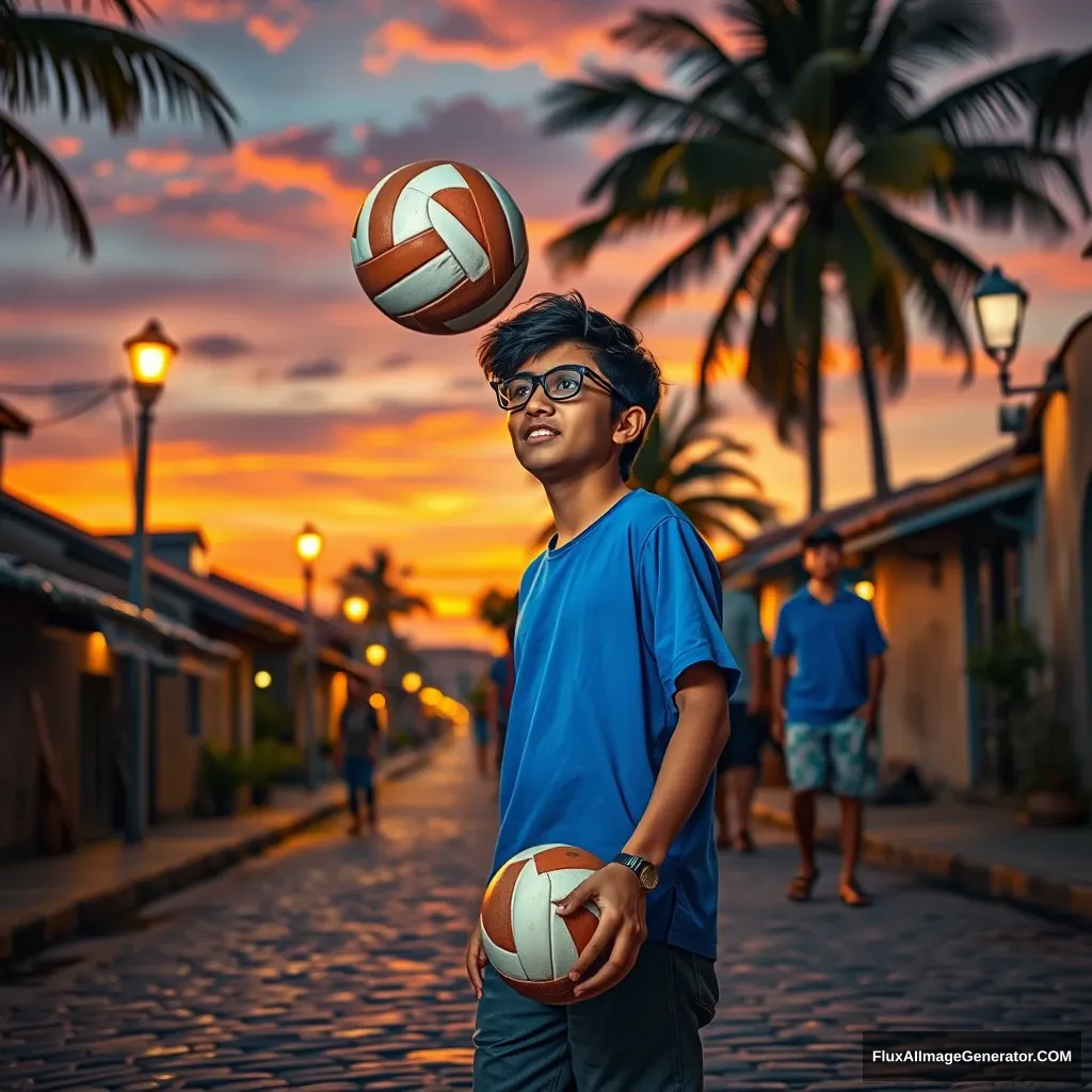 Create a vivid scene set in a village during the evening. The street is gently illuminated by warm street lights, casting a soft glow over the cobblestone pathway.

Character Focus: Describe the teenage boy, Ali, who stands out with his bright blue shirt and spectacles that highlight his intelligent demeanor. Illustrate his excitement and enthusiasm as he prepares to serve the volleyball.

Setting: Picture the village environment around him—traditional houses with clay roofs, and the silhouettes of palm trees swaying in the evening breeze. The sunset paints the sky in hues of orange and pink, creating a beautiful backdrop.

Friends and Action: Include Ali's friends, who are gathered around, eagerly cheering him on. Describe their laughter, the sound of the volleyball being hit, and the joy of camaraderie as they play together.

Emotional Tone: Capture the spirit of friendship and the carefree nature of youth, where the evening air is filled with laughter and shared moments. Highlight how the street lights add an enchanting ambiance, making the game feel special.

Details: Add specific details such as the texture of the volleyball, the expressions on the boys' faces, and the way the evening light interacts with their features, enhancing the scene's warmth. - Image