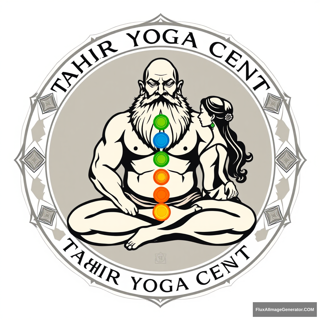 Tahir Yoga Center logo: a muscular, large bald dwarf with a beard in the lotus position exchanges energies from the chakras with a woman. - Image