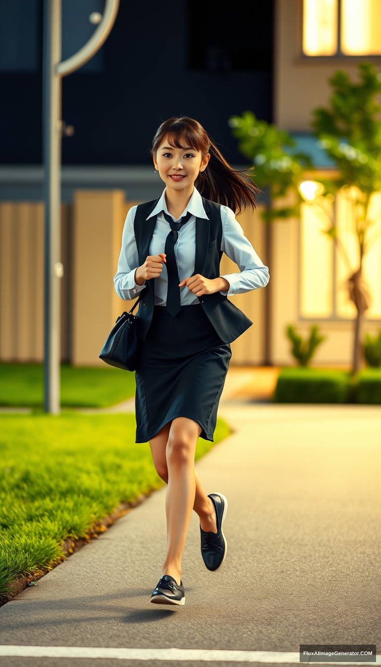 A girl dressed in office attire is jogging home, of East Asian descent, full-body shot, evening lighting.