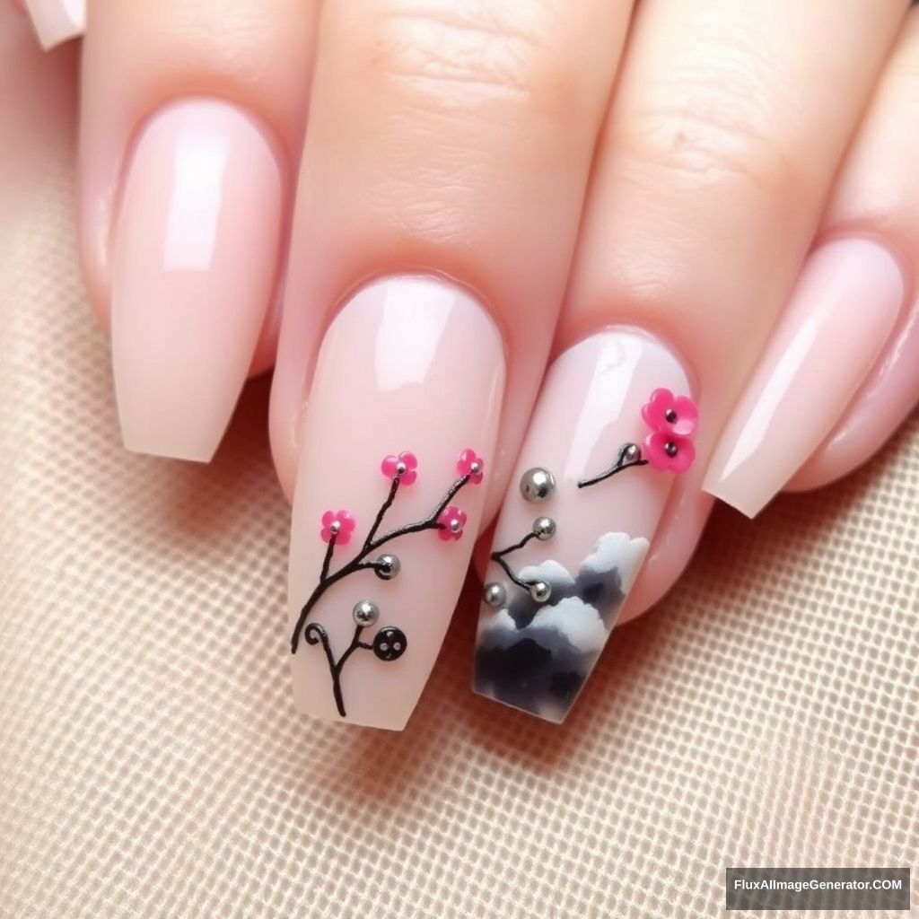 Design a nude nail art with Japanese elements and small steel beads.