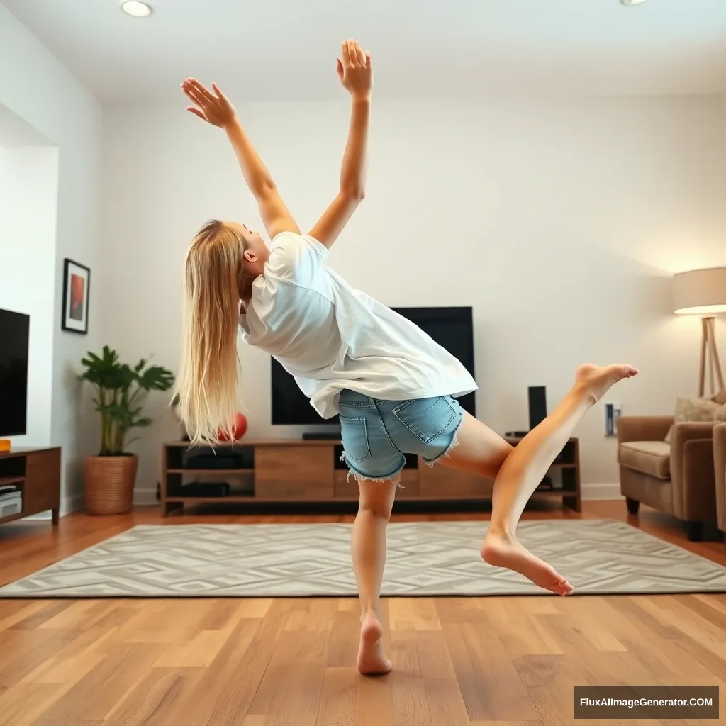 Side view angle of a blonde skinny woman who is in her massive living room wearing a massively oversized white t-shirt that is also very off-balance on one of the sleeves for the shoulders, and wearing oversized light blue denim shorts. She is barefoot and facing her TV, diving headfirst into it with both her arms raised below her head and her legs high up in the air, positioned at a 60-degree angle.