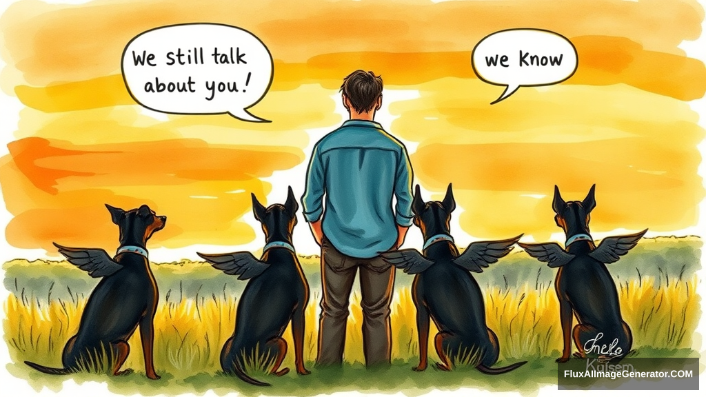 Messy hand drawn watercolor illustration: male figure in meadow at golden hour, silhouetted against vibrant sunset sky. 3 Winged canines black and tan doberman companions sat beside. facing away from the viewer, Speech bubbles float above: "We still talk about you" (person), "we know" (dog). Nostalgic atmosphere, brushstrokes convey wistful longing.