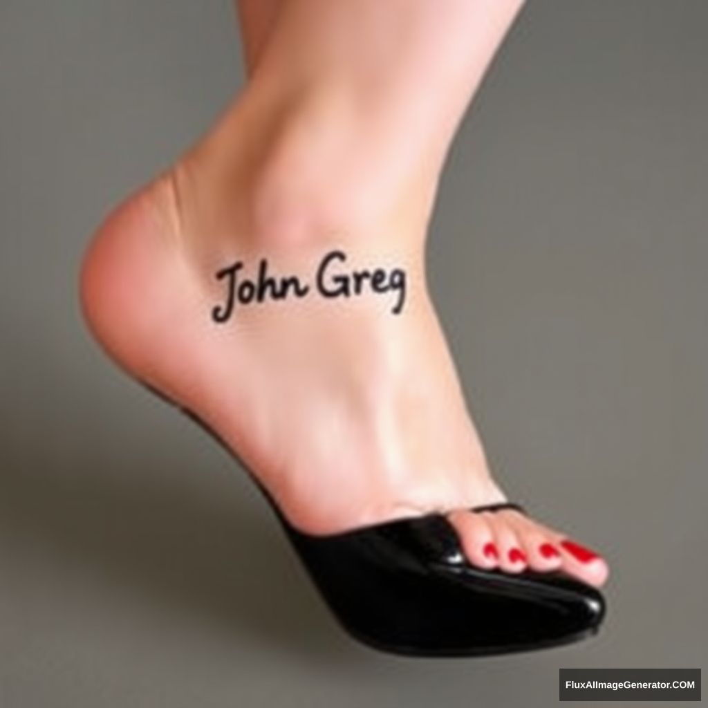 A woman's foot with the name "John Greg" on it. She is wearing black heels and her toenails are painted red.