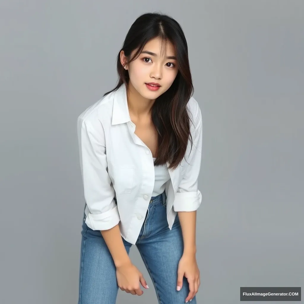 A photo of a pretty young Korean model, in a white buttoned shirt and blue jeans, full body portrait, leaning forward.