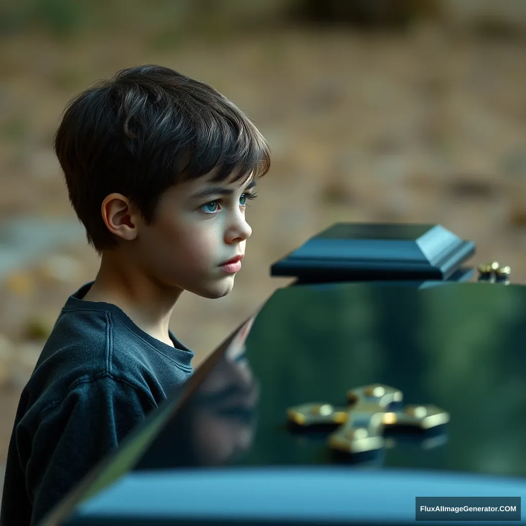 "A 17-year-old boy looks at a black coffin from a distance 16:11." - Image