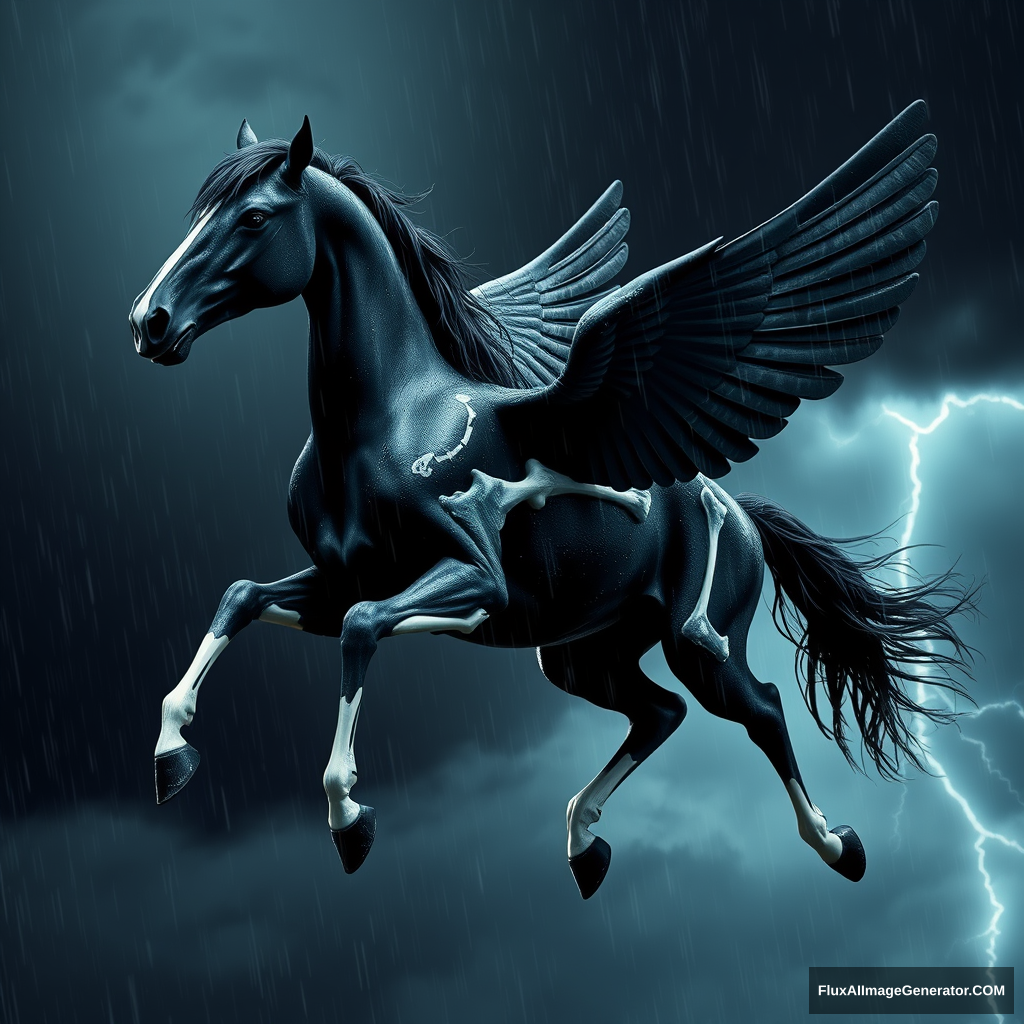 A black Pegasus flying through dark clouds in the rain. Raindrops are flowing down its face and whole body. White bones are visible on its chest, legs, wings, neck, and face. High contrast by lightning. Photography. Side view. - Image