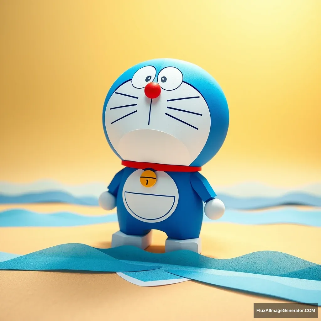 The lovely blue robotic cat Doraemon stands on the beach, with gentle waves lapping at his feet. The bright sunlight shines overhead, casting long shadows across the scene. The image is presented in a 3D paper craft style, with intricate folds and layers giving the scene a tactile quality. Doraemon's iconic round body is carefully crafted, with every detail—from his whiskers to the stitches on his pocket—meticulously rendered. The beach is made of layered paper, featuring realistic textures and subtle color variations that mimic shifting sand. The waves are composed of translucent blue paper, capturing the movement and texture of the ocean. The distant horizon is made of gradient blue paper, hinting at a vast open sky. The scene is bathed in warm, sunny light, imbuing the paper craft with a sense of life and vitality.