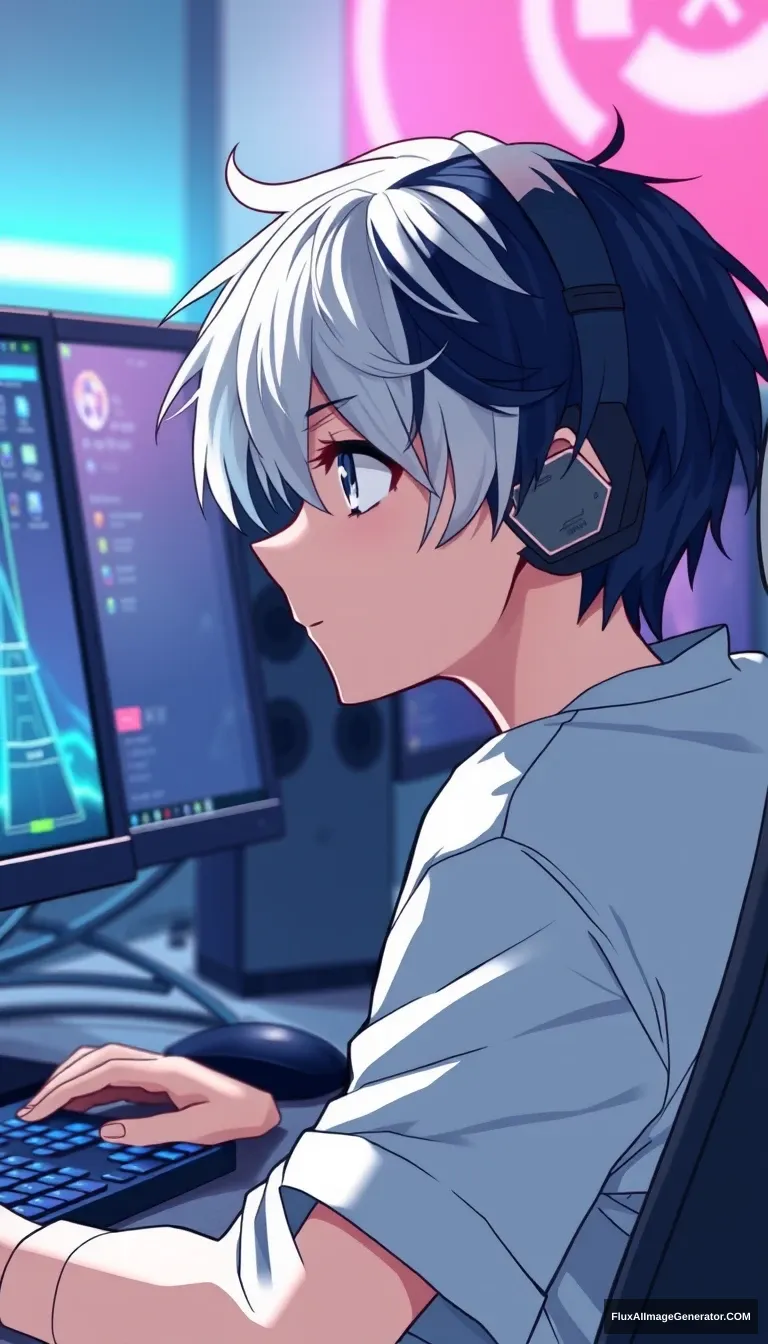 A boy in anime style with half white and half black hair looking at his monitors in his streaming setup. - Image