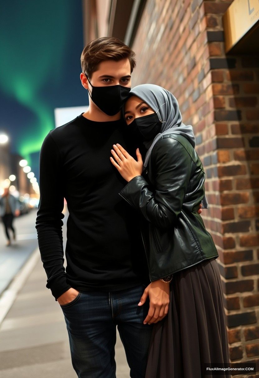 Jamie Dornan, tall, young, black face mask, wearing a black long-sleeve playboy t-shirt, jeans,

dating, romantic love with a grey hijab Muslim girl, beautiful eyes, black face mask, leather jacket, very long and big skirt, not a tall girl,

lying on his shoulder, hugging him from the back, flirting with him, near a brick wall, in town, photorealistic, street photography, night scenery, aurora borealis.