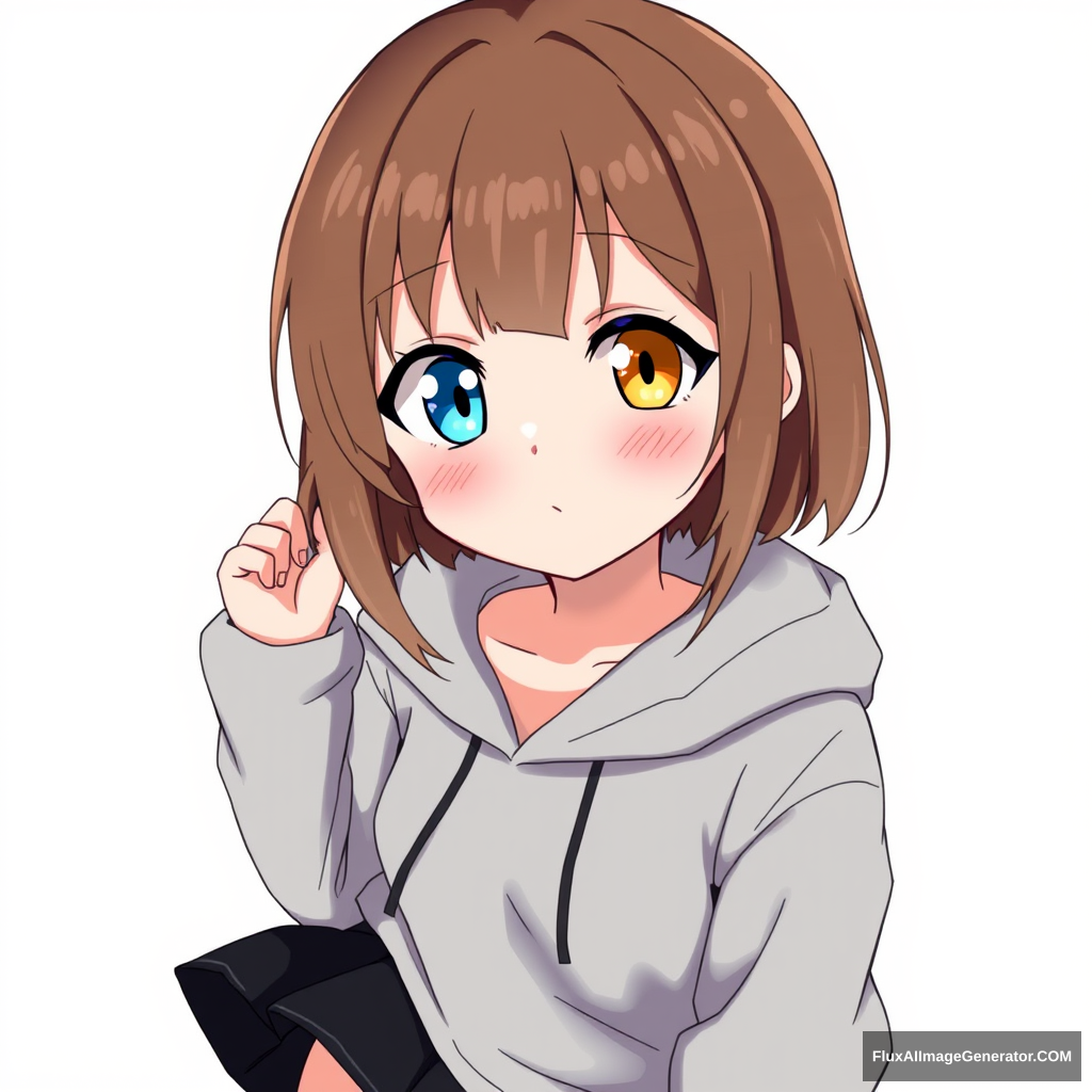 One anime girl with a blue left eye and a yellow right eye, and brown hair. She has a cute appearance, is short, and is wearing a gray hoodie with a black skirt. - Image