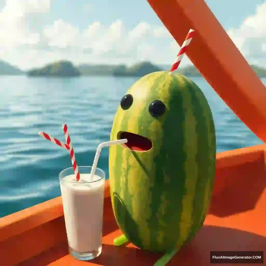 "a melon drinking a milkshake with a straw on a boat"