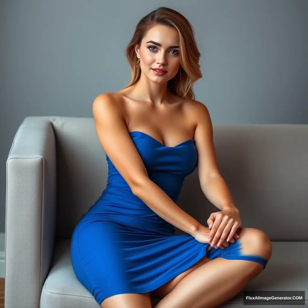 Elegant woman in her mid 20s sitting on a couch. She is wearing a tight blue dress.