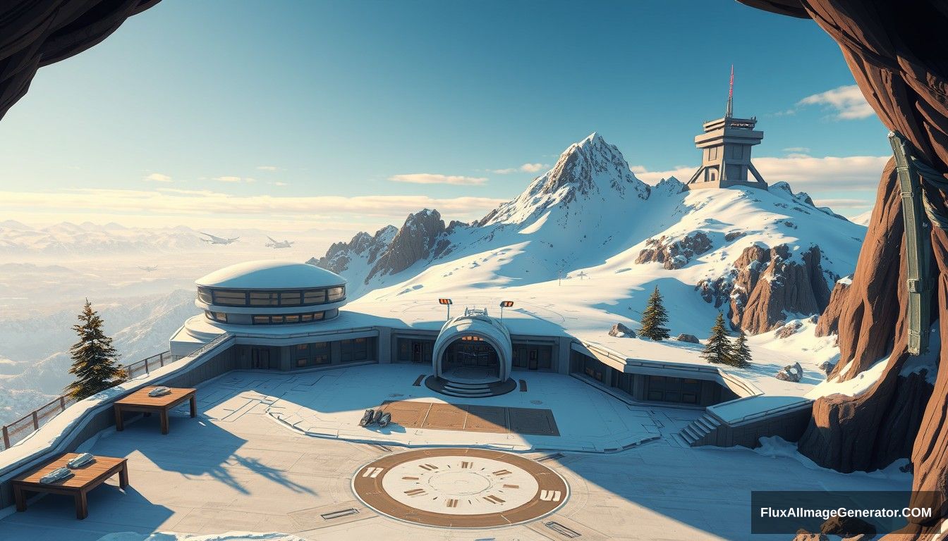 Cel-shaded art, wide shot, a sci-fi center on top of a snow-covered mountain, open air, close look, cyberpunk, military base, Star Wars style, indoor, patio, morning, sunlight, fortress, mountain, rock, snow, tarmac, parking apron, cave, tree, landing field, cliff, round shape, tower. - Image