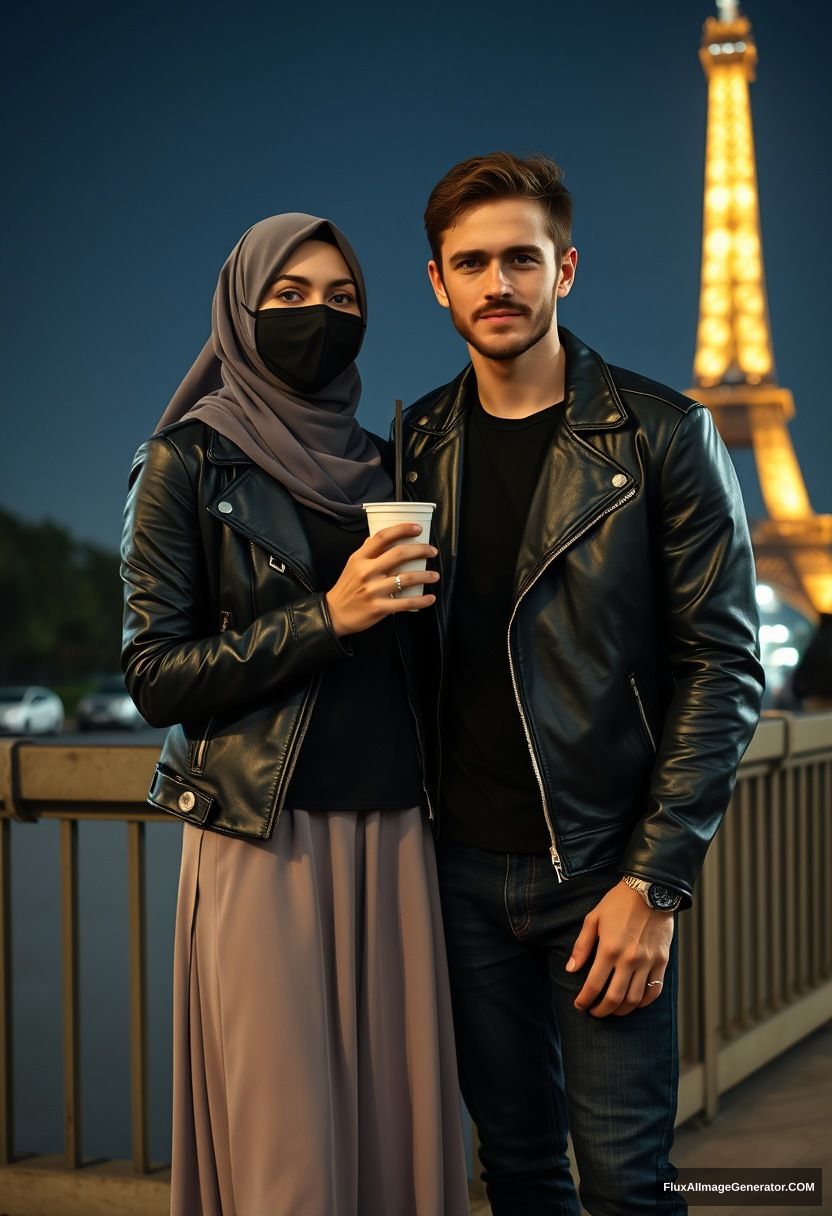 Jamie Dornan, young, black face mask, black leather jacket, Nike t-shirt, jeans,

Dating, love with the biggest grey hijab Muslim girl, beautiful eyes, black face mask, leather jacket, longest skirt, cute,

standing near the Eiffel Tower, night scenery, holding a cup of ice cream, hyper-realistic, photorealistic, street photography. - Image