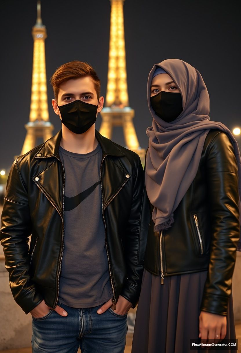 Jamie Dornan, young, black face mask, black leather jacket, Nike t-shirt, jeans,

Dating, love with the biggest grey hijab Muslim girl, beautiful eyes, black face mask, leather jacket, biggest longest skirt, cute,

standing near the Eiffel Tower, night scenery, hyper-realistic, photorealistic, street photography. - Image