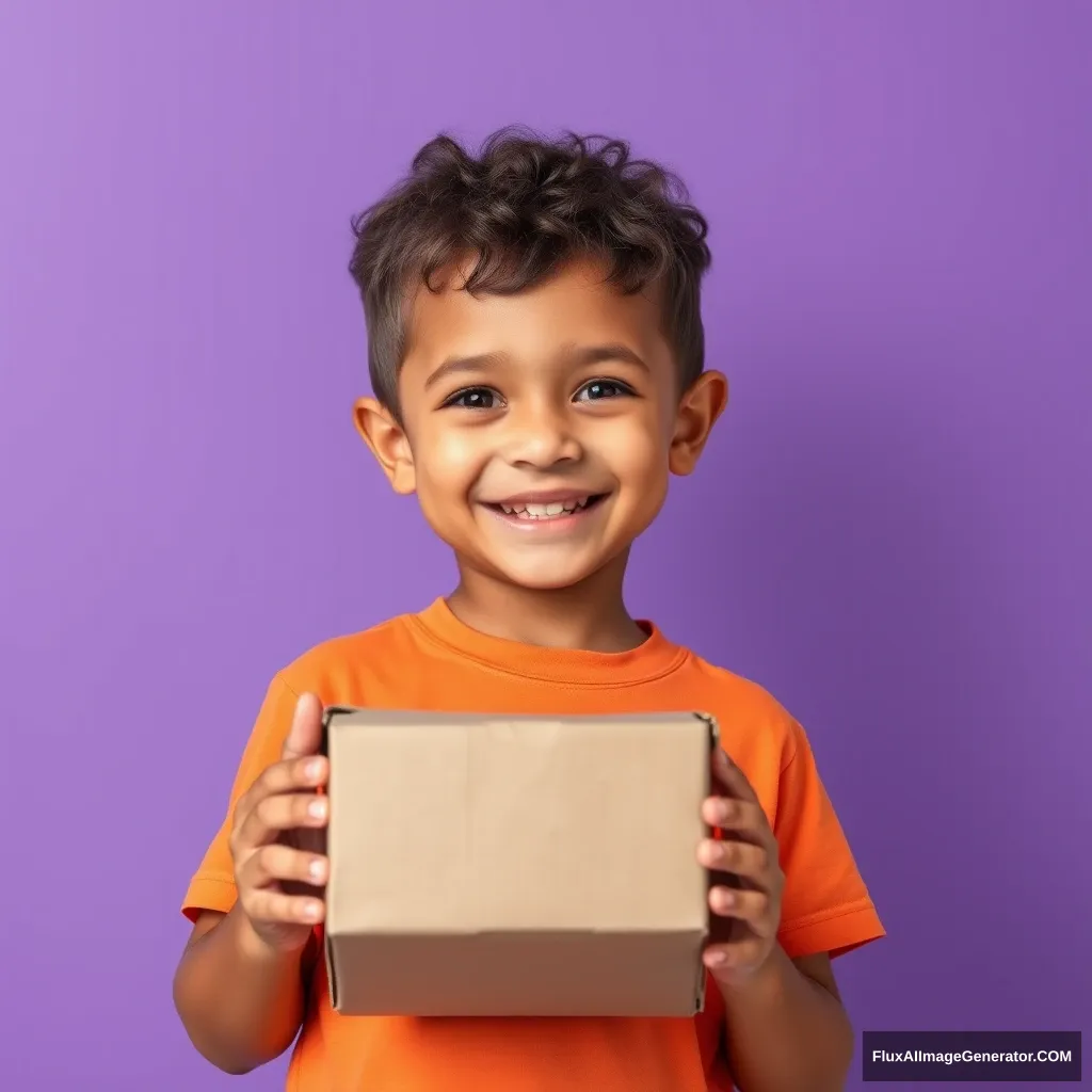 Smiling boy child holding a cardboard carton wearing an orange t-shirt on a purple background.