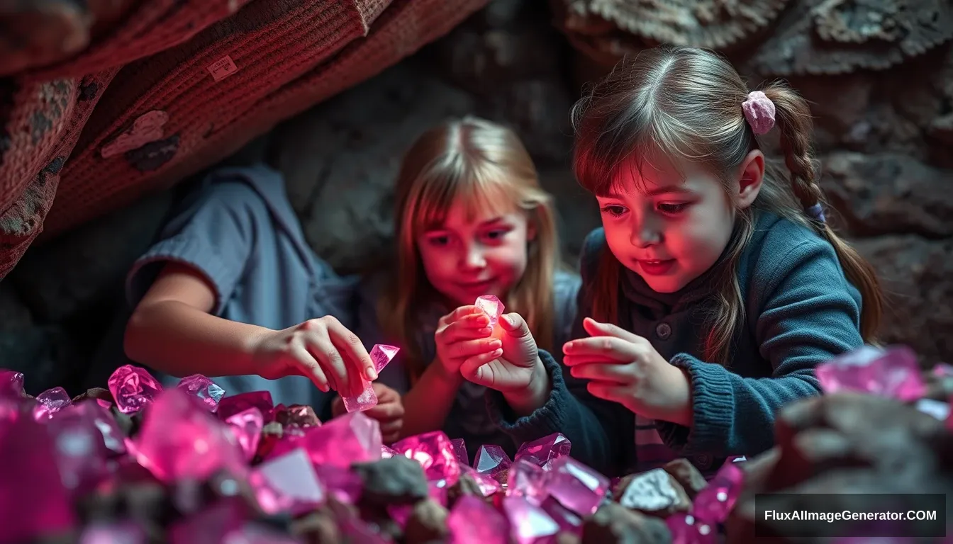 Young girls mine for sparkly pink and purple gemstones in an atmospheric cozy gem mine. - Image