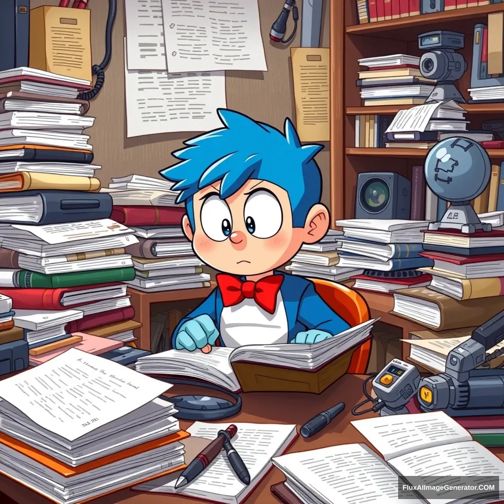 A young boy with blue fur, large eyes, and a red bow tie is sitting at a desk, intently focused on his studies. He is surrounded by stacks of books, papers, and a variety of futuristic gadgets from the 22nd century. The boy's expression is one of determined concentration as he reviews his notes and textbooks. The room is cozy and filled with technological marvels, hinting at the advanced time period Doraemon comes from. The scene conveys a sense of diligence and the importance of education, capturing Doraemon's efforts to excel academically.