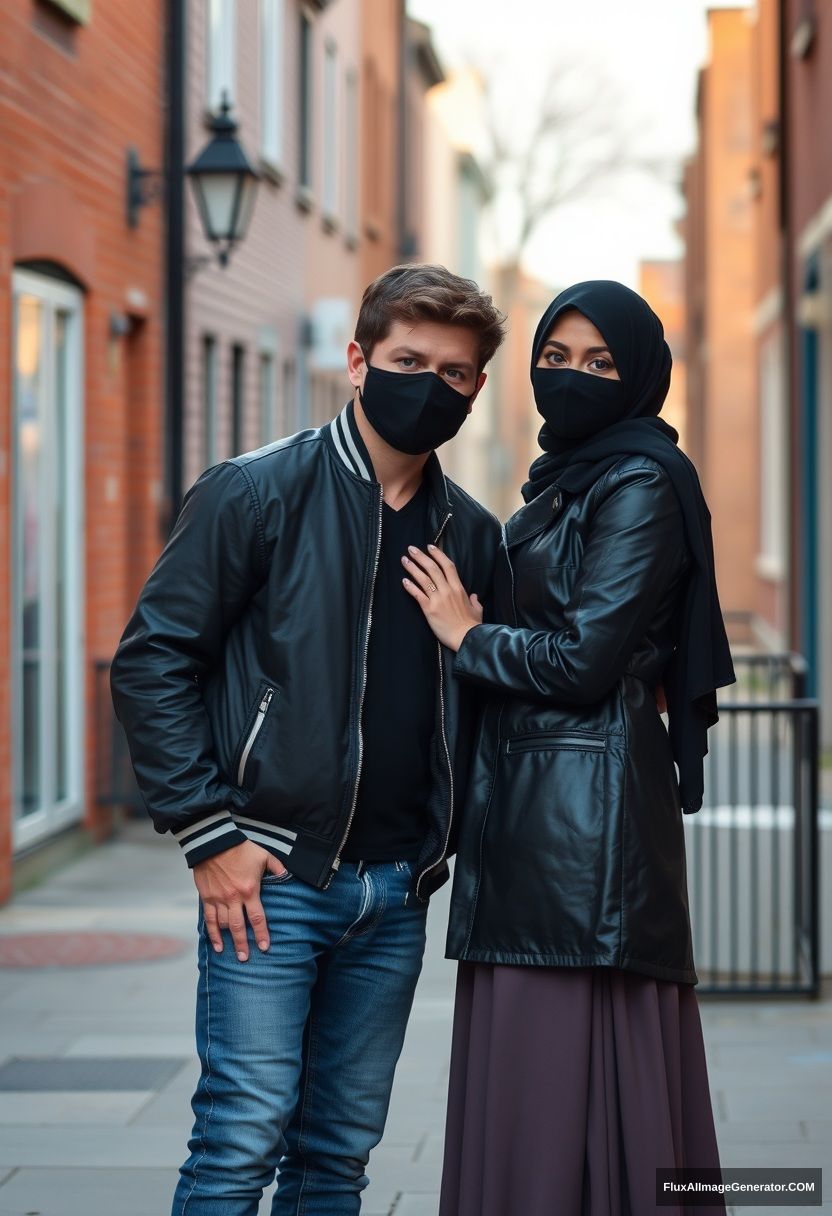 Jamie Dornan, handsome, young, black face mask, collage jacket, jeans, dating a beautiful, romantic Muslim girl in a big black hijab with beautiful eyes, wearing a black face mask, black leather jacket, sneakers, and a long skirt standing against a brick wall in a town, morning scenery, photorealistic, street photography.