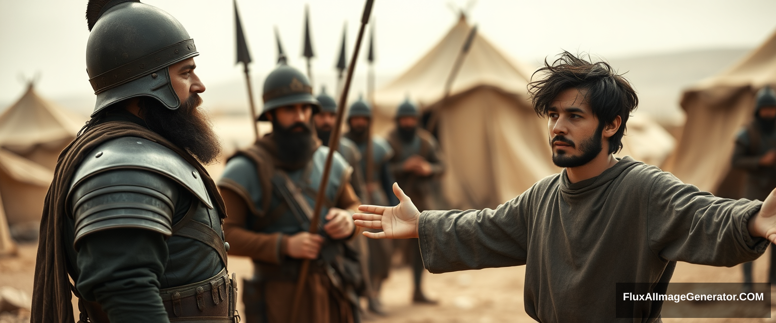 Create an image of two men standing apart and facing off, with a group of four soldiers gathered closely behind the man on the left. The man on the right is a young man with his arms stretched out to the sides, looking shocked; he has dark, messy, unkempt hair and a beard, dressed in a simple biblical-era shepherd tunic, and is looking sternly into the eyes of the man on the left. The other man appears middle-aged, has a Jewish black beard, and is wearing a full suit of biblical-era leather armor along with a conical helmet with a pointed tip. The other soldiers are holding spears. The overall mood of the image is one of anxiety and concern. The background depicts a blurred ancient biblical Jewish army camp with desert Arabic tents. The atmosphere is intense and cinematic.