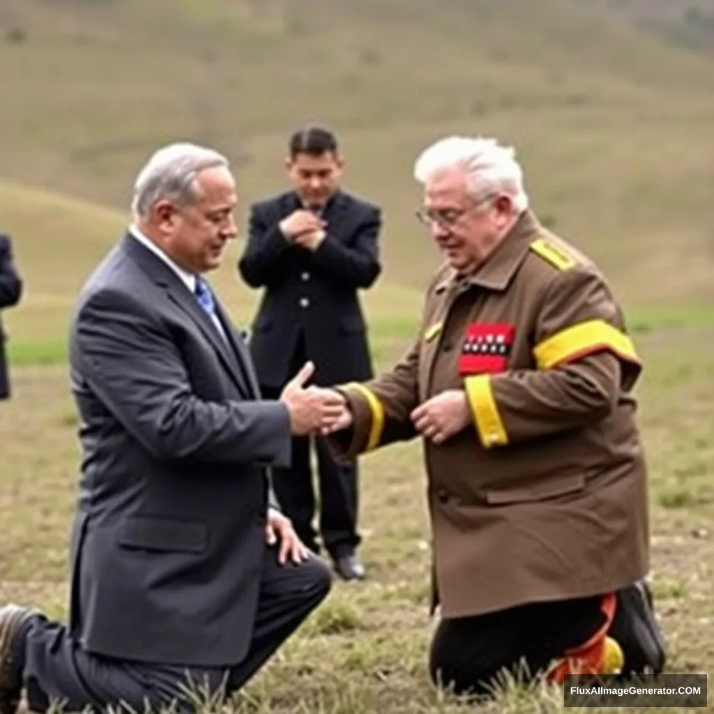 Netanyahu kneels with Zelensky for Kim Jong-un. - Image