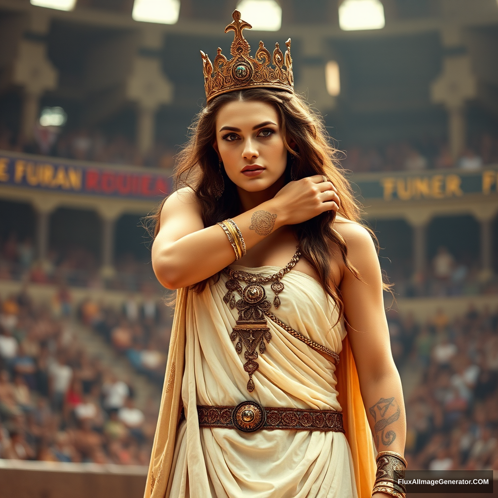 (A very very very very very beautiful and gorgeous ancient Queen of wrestling standing in the arena holding a man by the neck. She looks very very very very very very very very very very very very beautiful and gorgeous, has pale white skin, and is wearing very long royal clothes.)