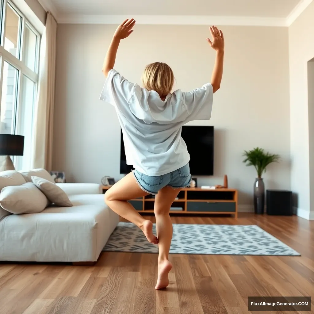 A side angle of a skinny blonde woman in her large living room, wearing a massively oversized white t-shirt that is also very imbalanced at one sleeve, along with oversized light blue denim shorts. She is barefoot, facing her TV, and dives headfirst with both arms raised below her head and her legs up in the air, positioned at a -60 degree angle.