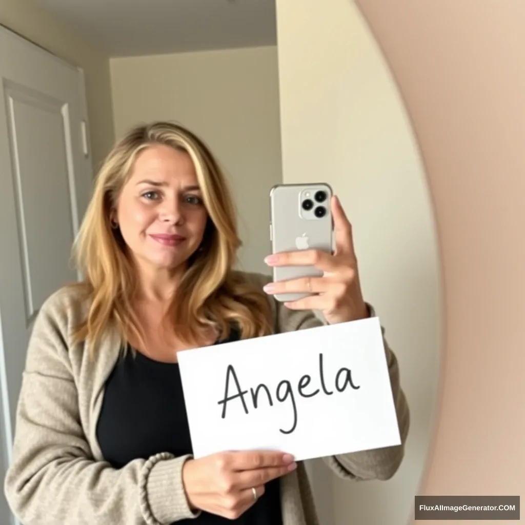 A mirror selfie of a white woman (39 years old) holding a sign with her name "Angela" while holding an iPhone. - Image