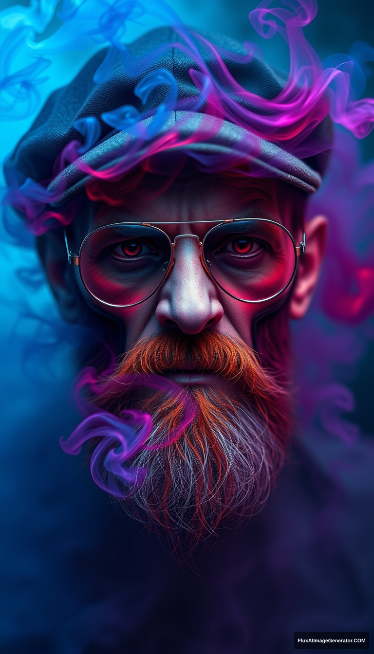 A spectral human lich, skin dissolving into vibrant, ethereal wisps. Swirling tendrils of azure, crimson, and violet smoke emanate from a haunting visage. Charcoal flat cap perched atop, fiery beard framing a jaw set with determination. Aviator glasses reflect arcane energies. - Image