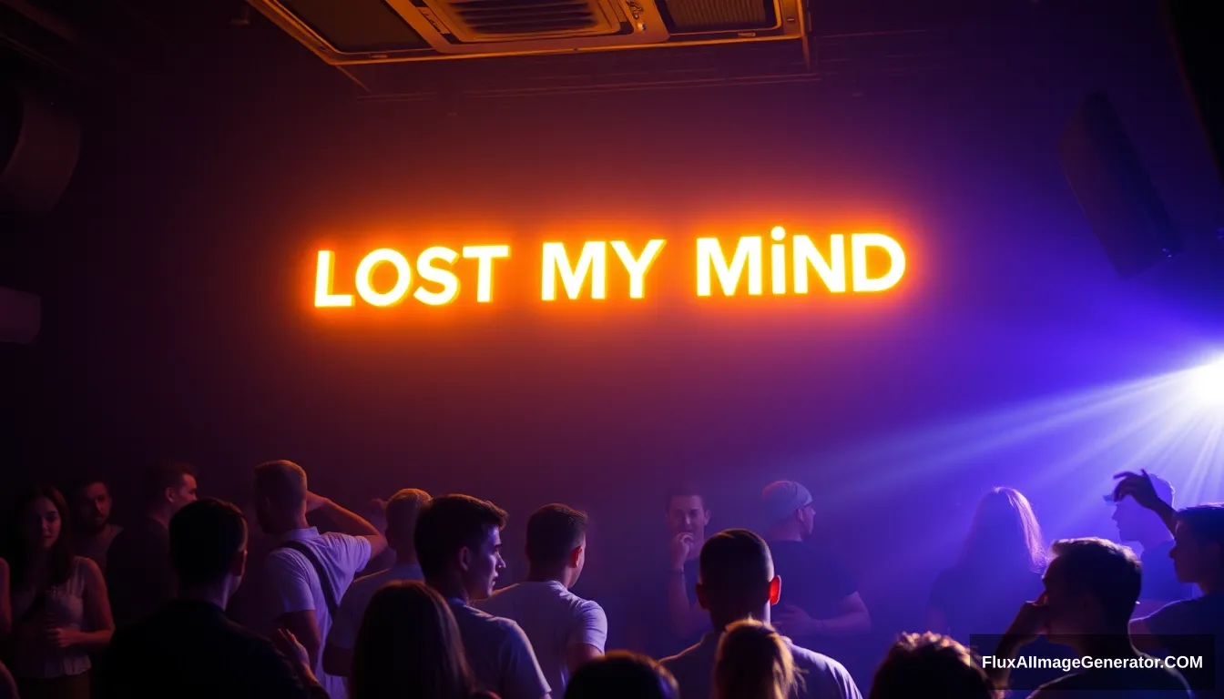 Lost my mind in the club, people dancing, glowing 3D text saying "Lost My Mind", DJ Technosapien.