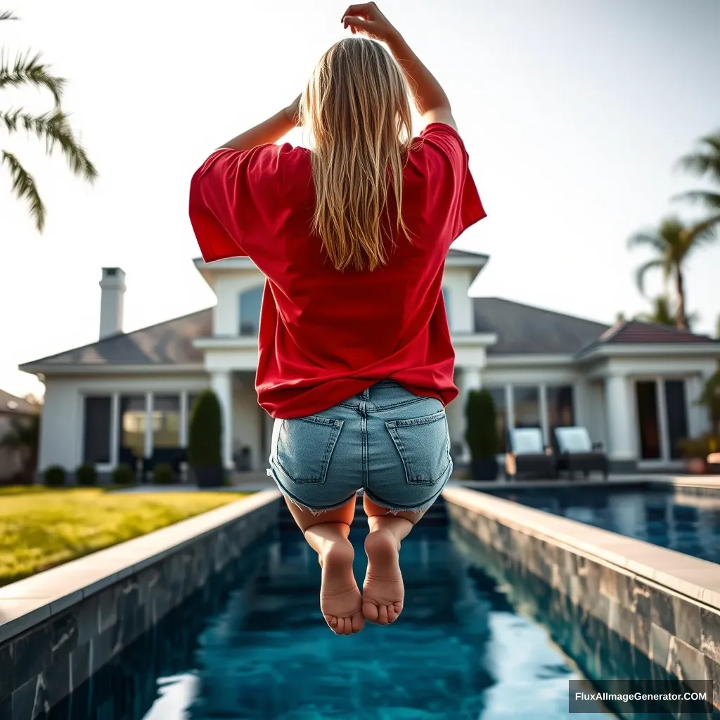 Back view of a young blonde skinny woman who is in her early twenties is in her massive backyard wearing a massively oversized red polo t-shirt, which is a bit off balance on one of the shoulders, and the bottom part of her t-shirt is tucked in on all sides. She is also wearing M-sized light blue denim shorts and she is not wearing shoes or socks; she dives into her massive luxurious pool upside-down.